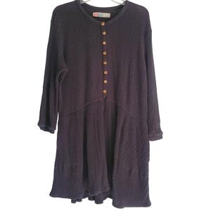 FP Beach Dress Women Small Gray Black Waffle Knit Button Front Long Sleeve Tunic